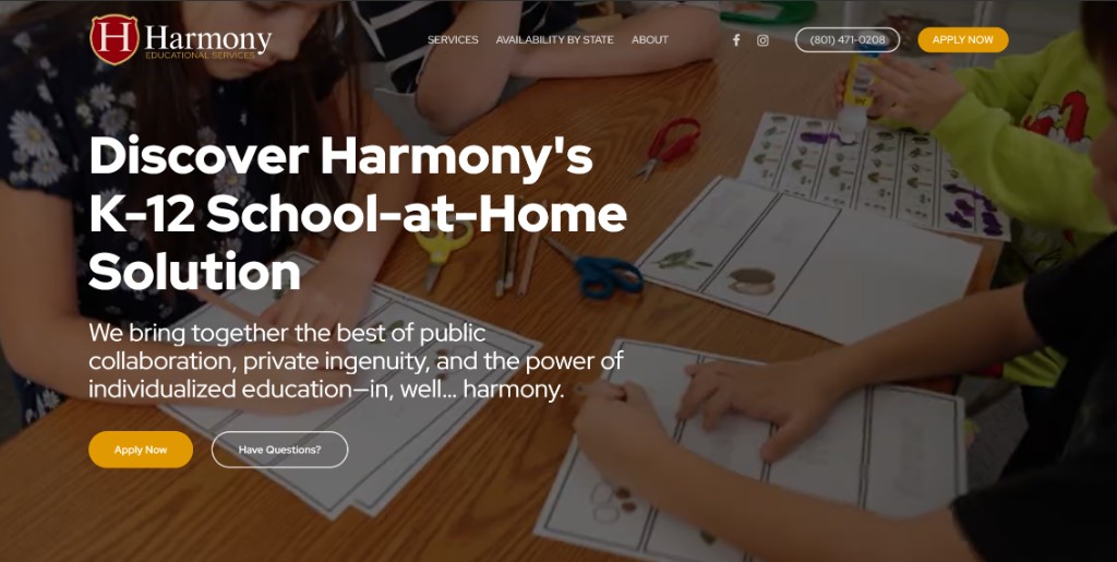 Harmony marketing homepage hero with school-at-home headline, apply now call to action, and children learning at a table