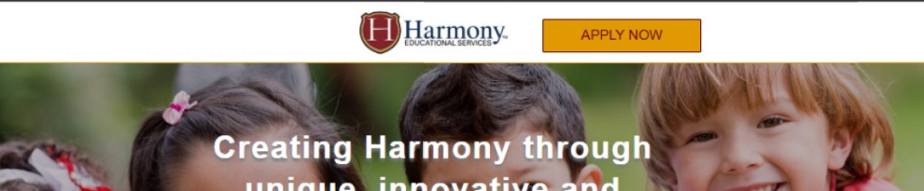 Harmony homepage with hero image and apply now call to action