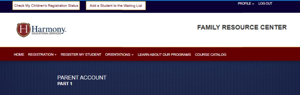 Family Resource Center header with parent account navigation