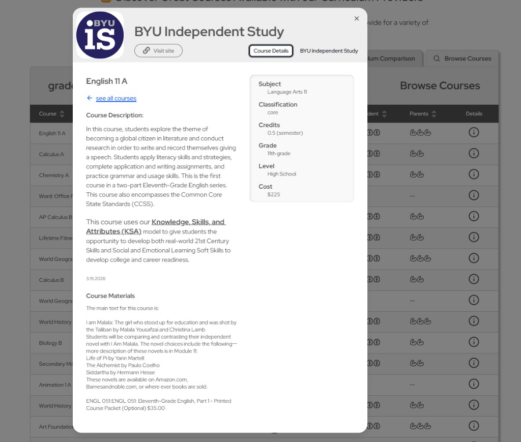 Harmony course details modal showing English 11 A description, materials, credits, and cost