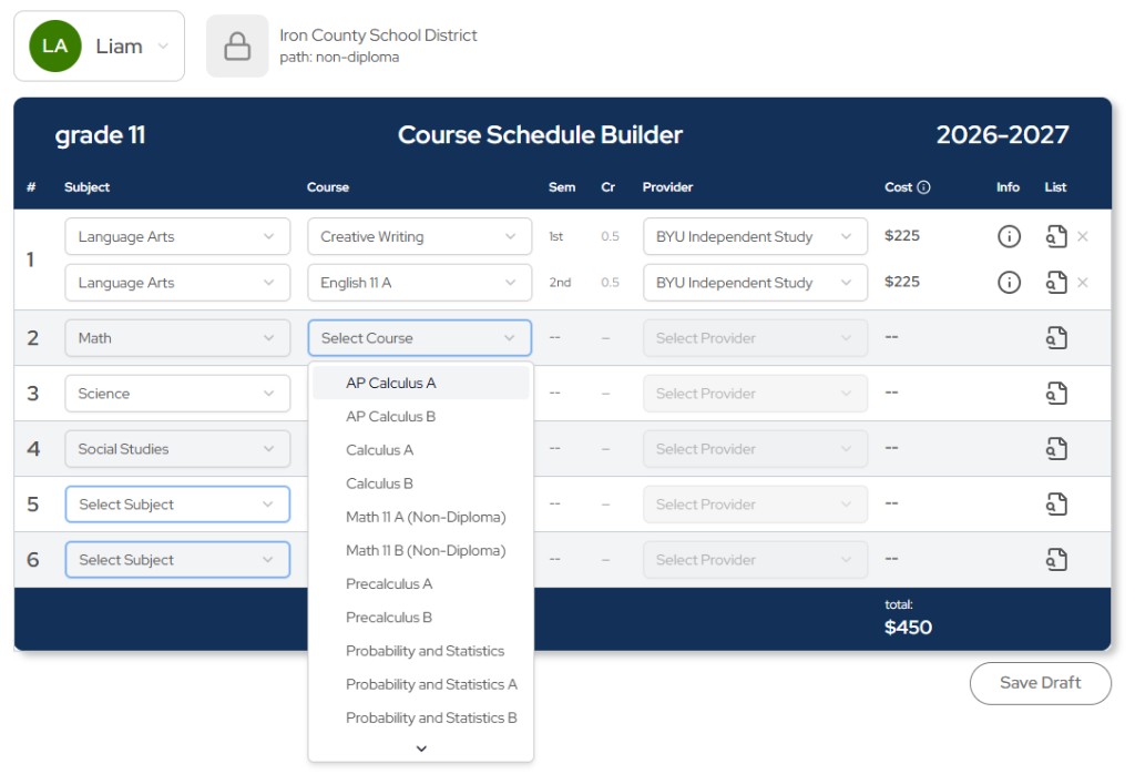 Harmony course schedule builder with subject, course, and provider selection and save draft option