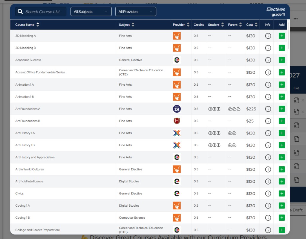 Harmony searchable course list modal for browsing electives by subject and provider
