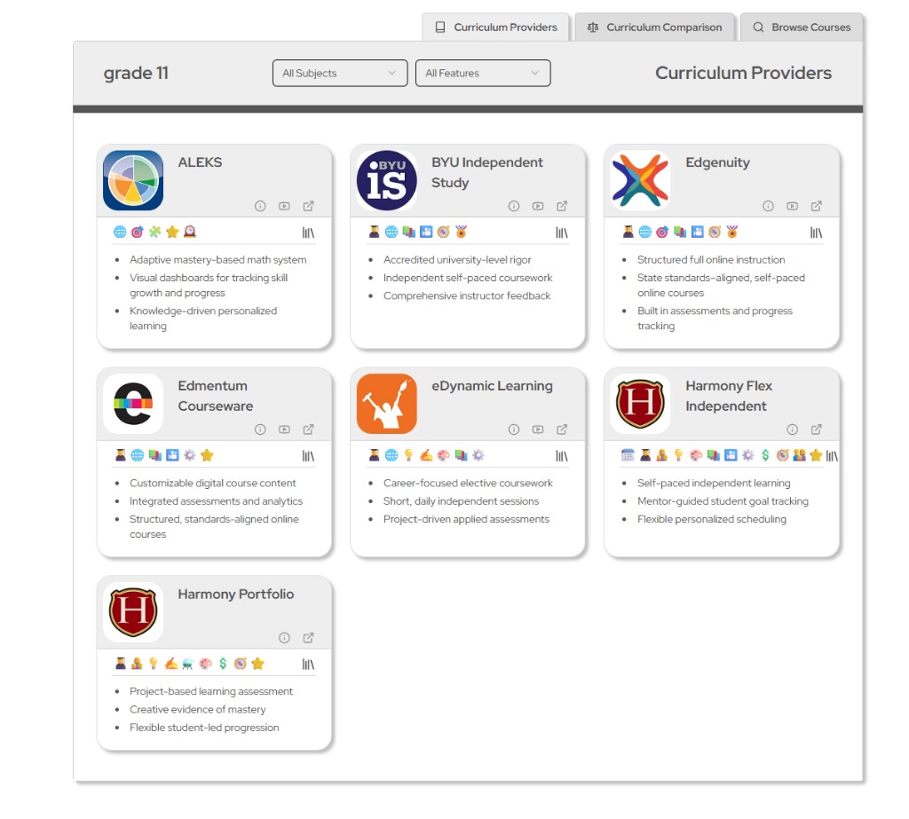Harmony curriculum providers browse page with provider cards, filters, and feature icons