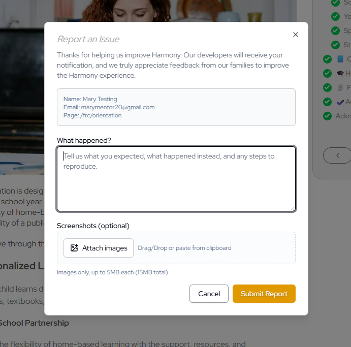 Harmony report an issue modal with user details, description field, screenshot upload, and submit report