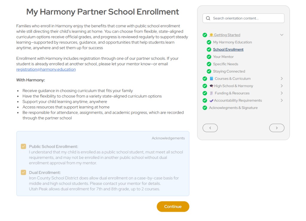 Harmony dynamic orientation page for partner school enrollment with searchable modules, progress tracking, and acknowledgements