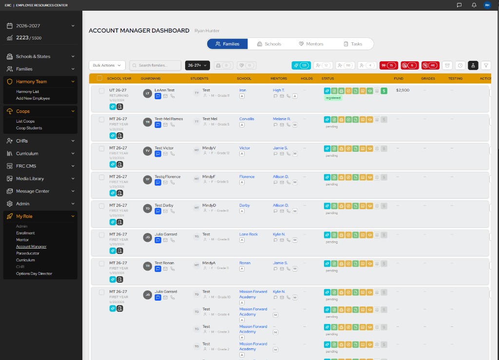 Harmony account manager dashboard with families table, filters, status indicators, and role-based navigation