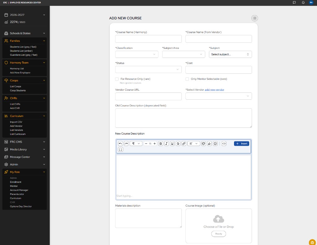 Harmony add new course form with vendor details, descriptions, and course image upload