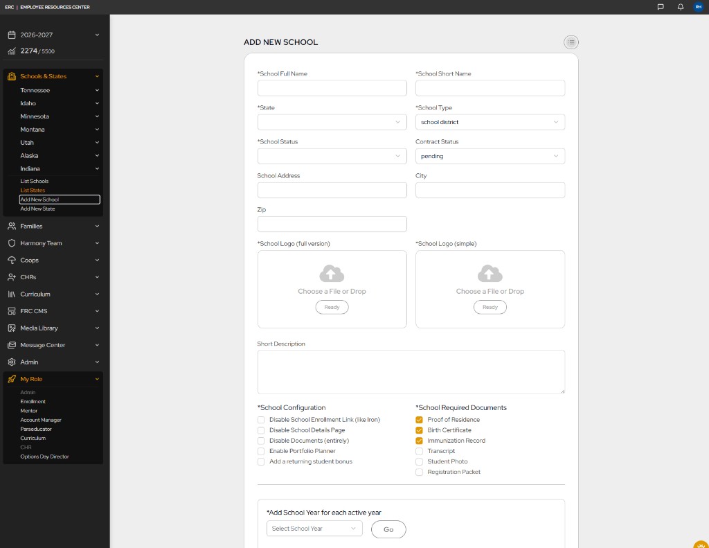 Harmony add new school form with logos, configuration options, and required documents