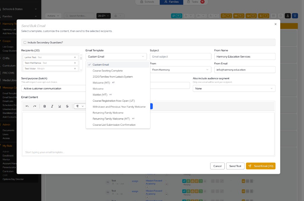 Harmony send bulk email modal with recipient selection and email template options