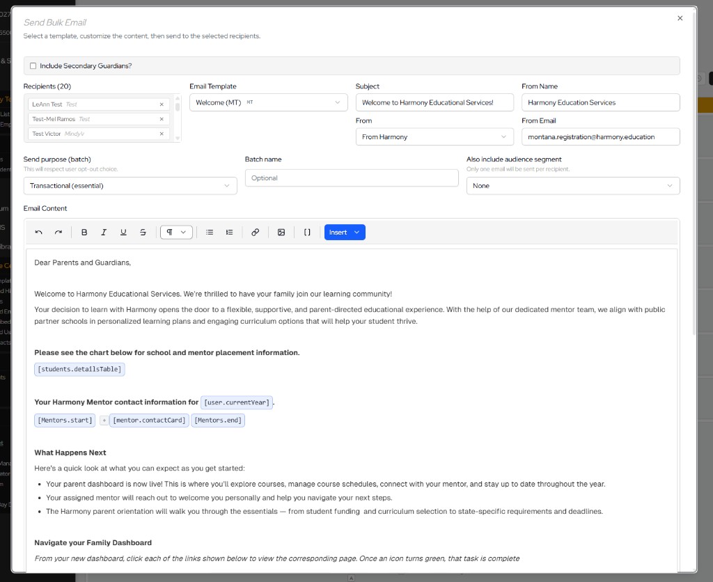 Harmony bulk email editor with welcome template and dynamic content placeholders