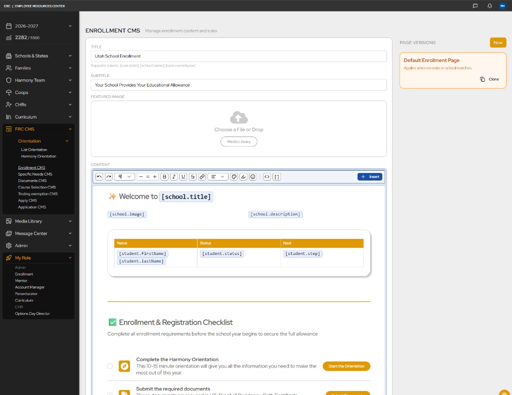 Harmony enrollment CMS editor with dynamic tokens, page versions, and enrollment checklist preview