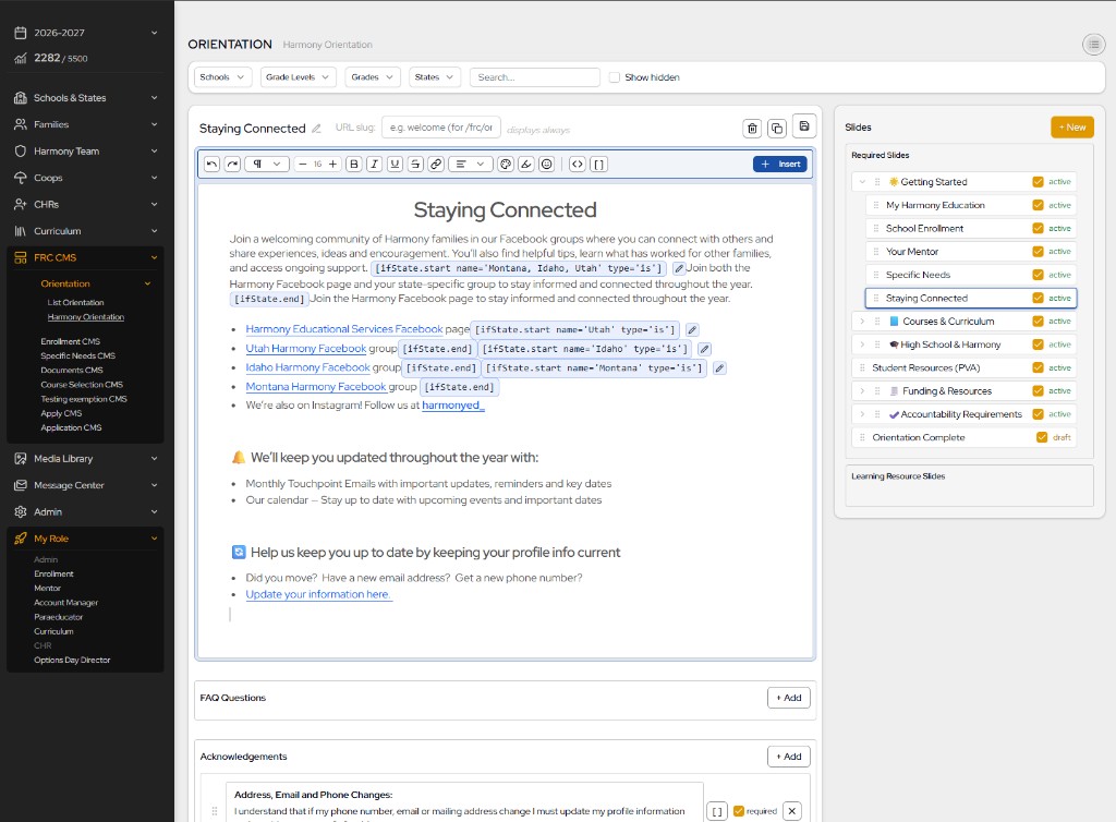 Harmony orientation CMS editor with slide navigation, rich text content, conditional state logic, FAQs, and acknowledgements