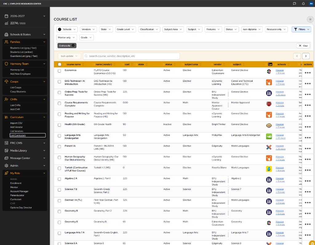 Harmony course list admin table with vendors, costs, subjects, and school assignments