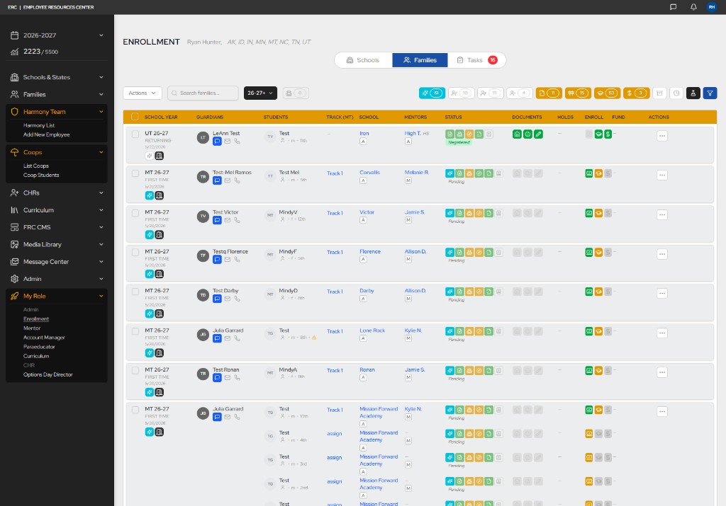 Harmony enrollment dashboard with family records, school assignments, mentors, and workflow status