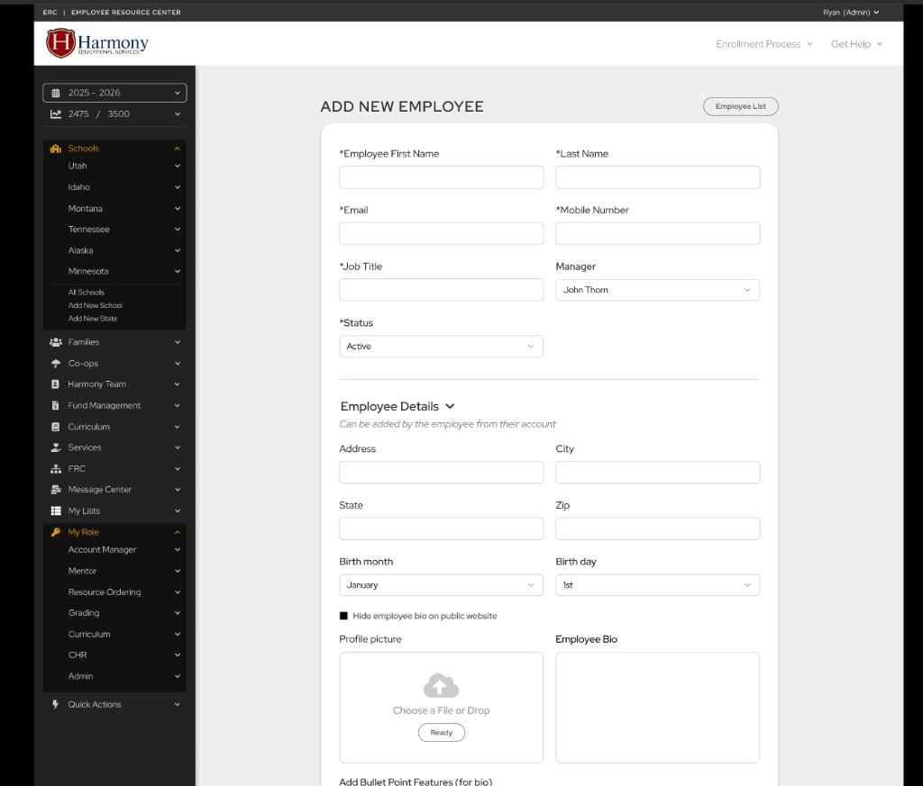 Harmony employee resource center showing sidebar navigation, role-based menus, and add new employee form