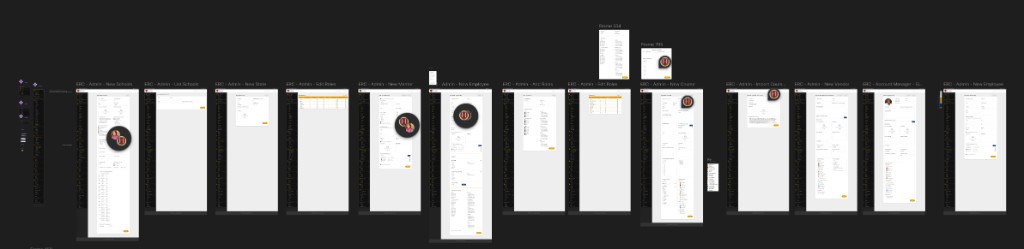 Figma workspace showing employee dashboard admin screen prototypes for schools, roles, mentors, courses, and vendors