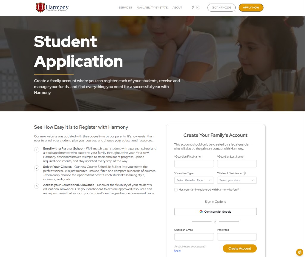 Harmony student application page with family account registration form and enrollment overview