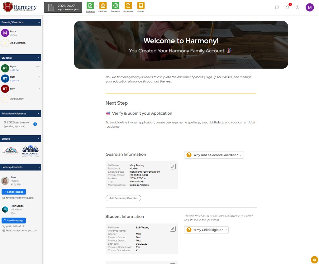 Harmony family dashboard showing application verification, guardian and student profile management