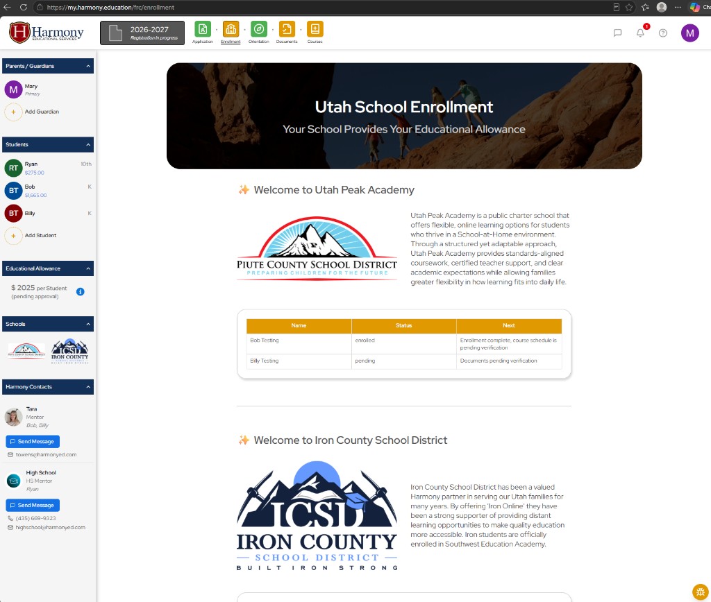 Harmony Utah school enrollment dashboard with student status, school partnerships, and mentor contacts