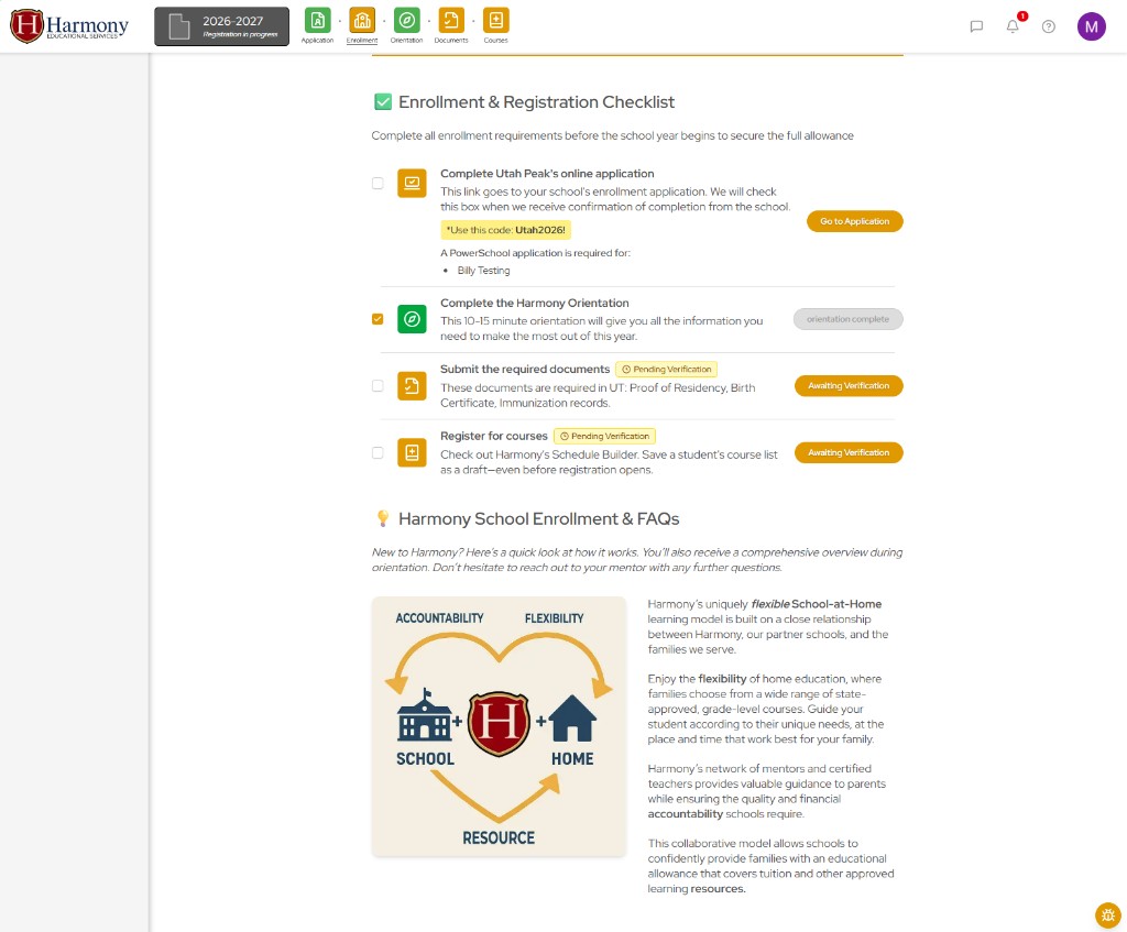Harmony enrollment and registration checklist with application, orientation, documents, and course tasks