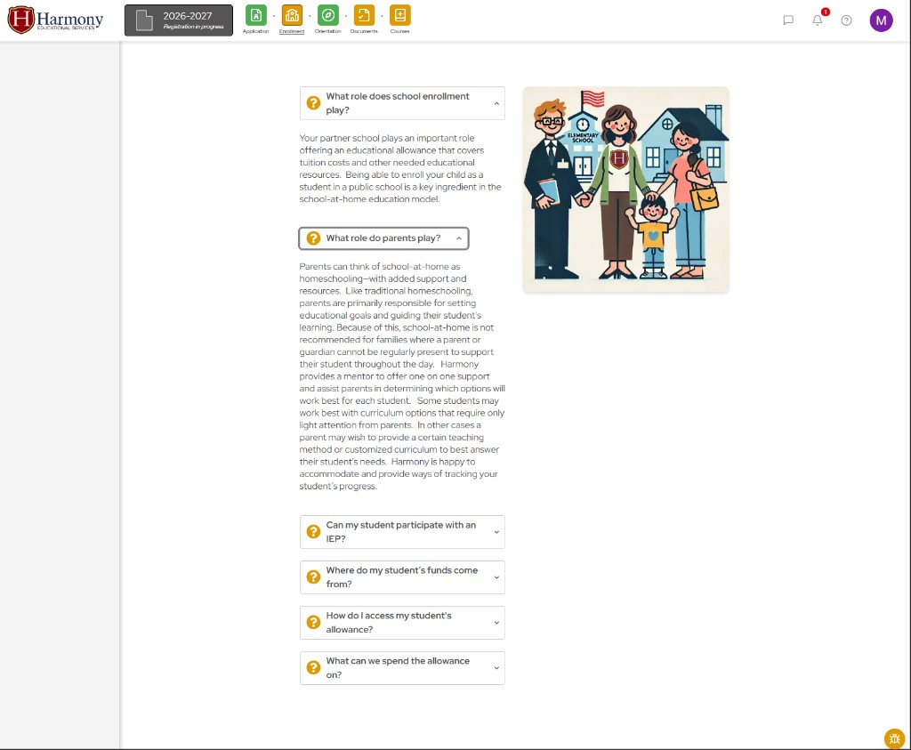 Harmony orientation FAQ accordion explaining school enrollment and parent roles in the school-at-home model