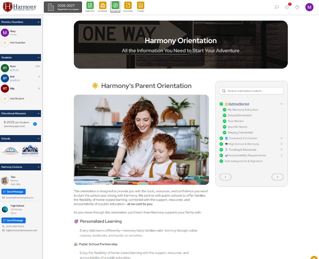 Harmony parent orientation page with guided modules, progress navigation, and family sidebar