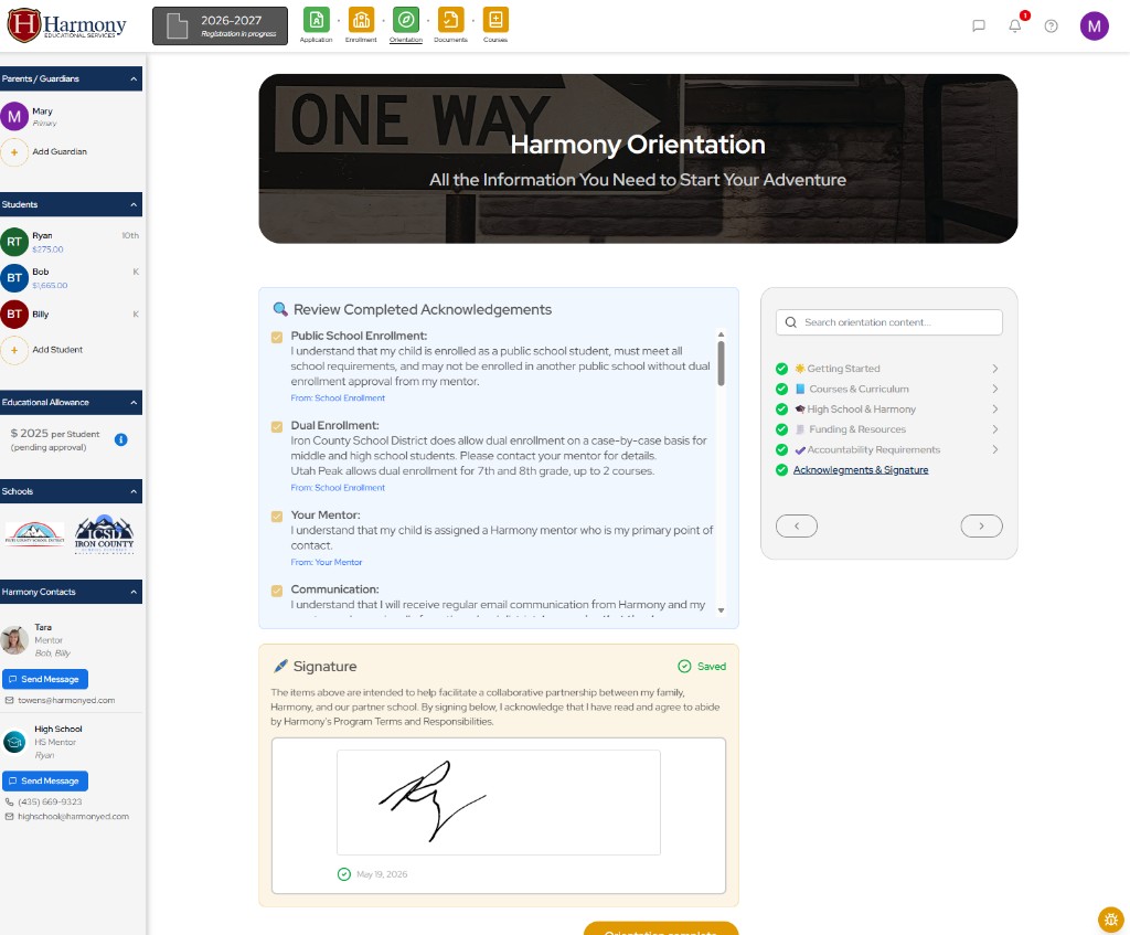 Harmony orientation acknowledgments review with completed checklist and saved guardian signature