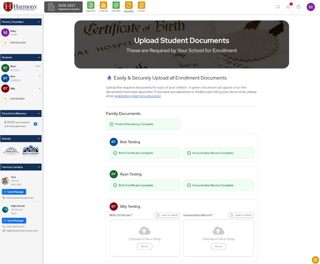 Harmony upload student documents page with family and student document status cards