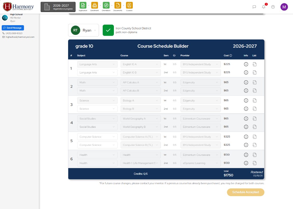 Harmony course schedule builder showing semester courses, providers, costs, and accepted schedule