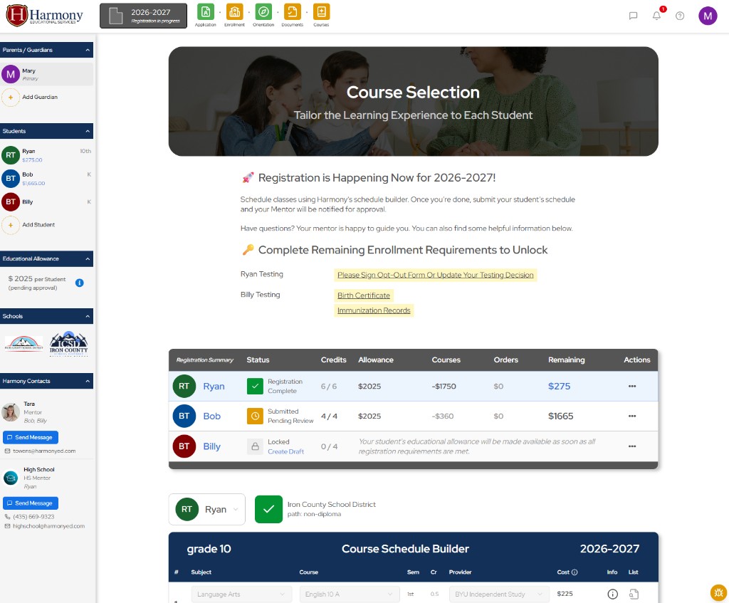 Harmony course selection overview with registration summary, requirements, and schedule builder for multiple students