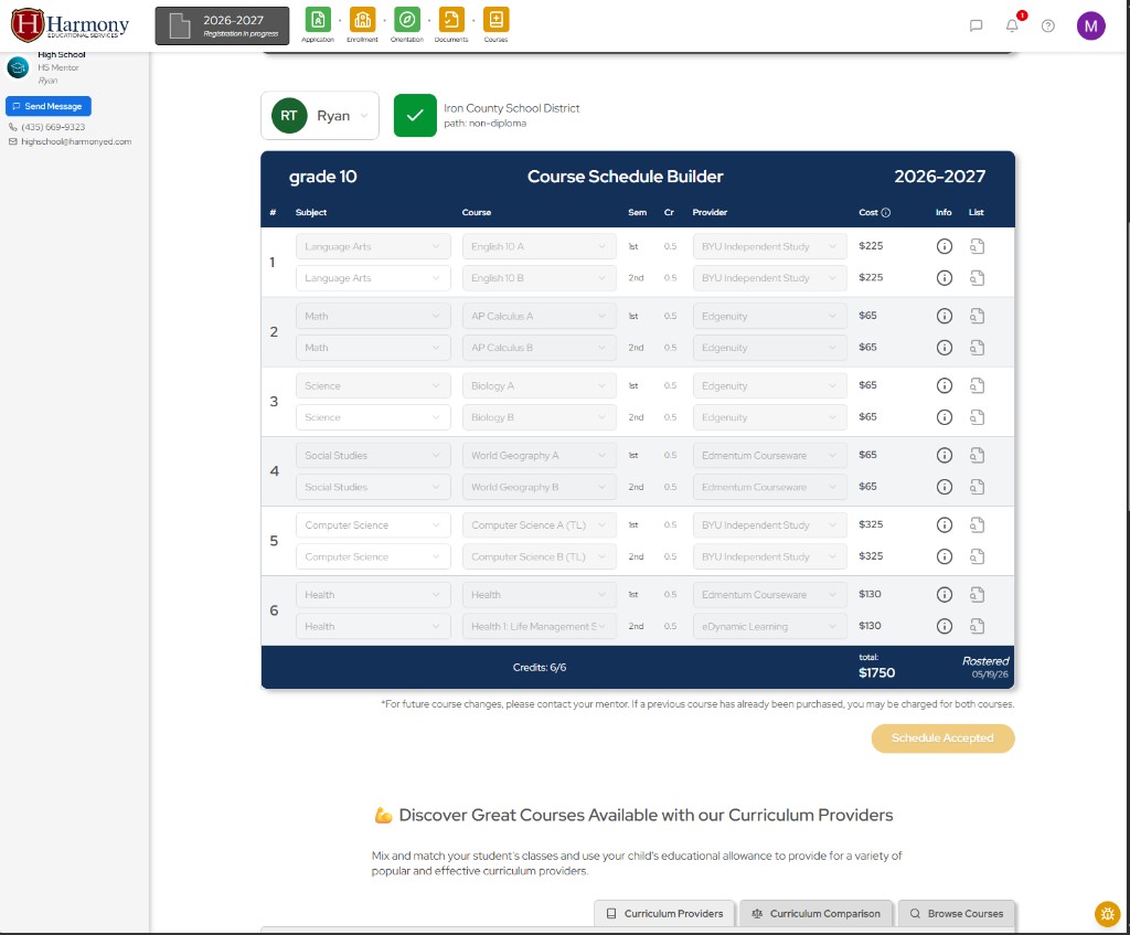 Harmony grade 10 course schedule builder with curriculum provider discovery tools