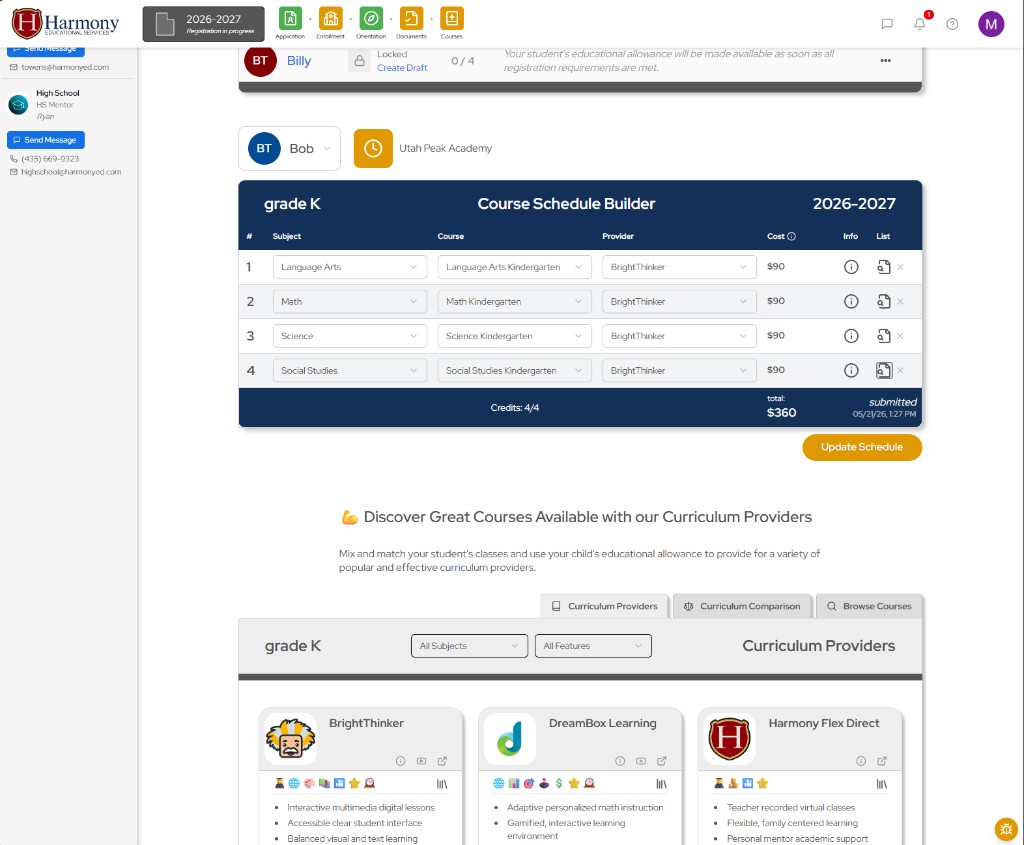Harmony kindergarten course schedule builder with BrightThinker curriculum and provider cards
