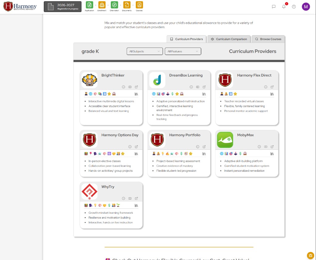 Harmony curriculum providers browse page with provider cards, filters, and feature comparisons