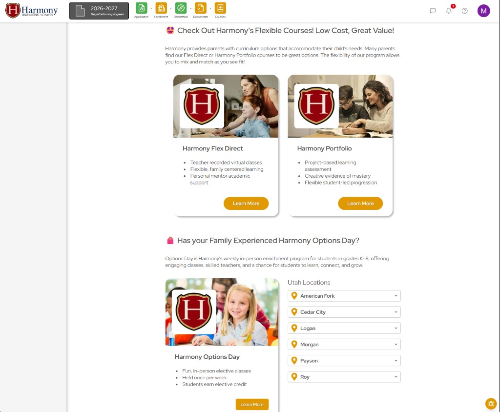 Harmony flexible courses page featuring Flex Direct, Portfolio, and Options Day programs