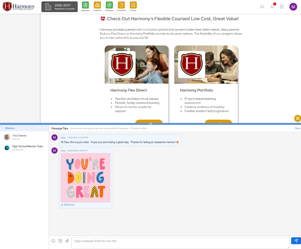 Harmony mentor messaging interface with flexible courses and parent-to-mentor chat