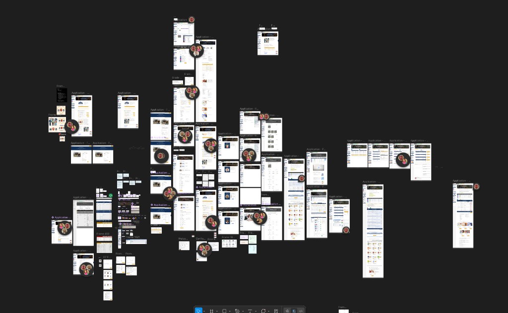 Figma workspace showing family enrollment journey screen prototypes and user flow maps