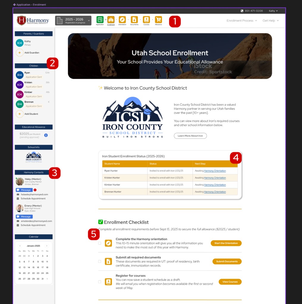 Harmony family dashboard showing Utah school enrollment progress, student status, enrollment checklist, and sidebar navigation
