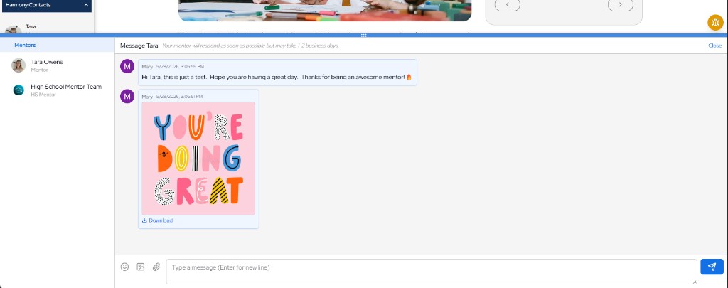 Harmony mentor messaging interface with mentor contacts, chat history, attachments, and message input