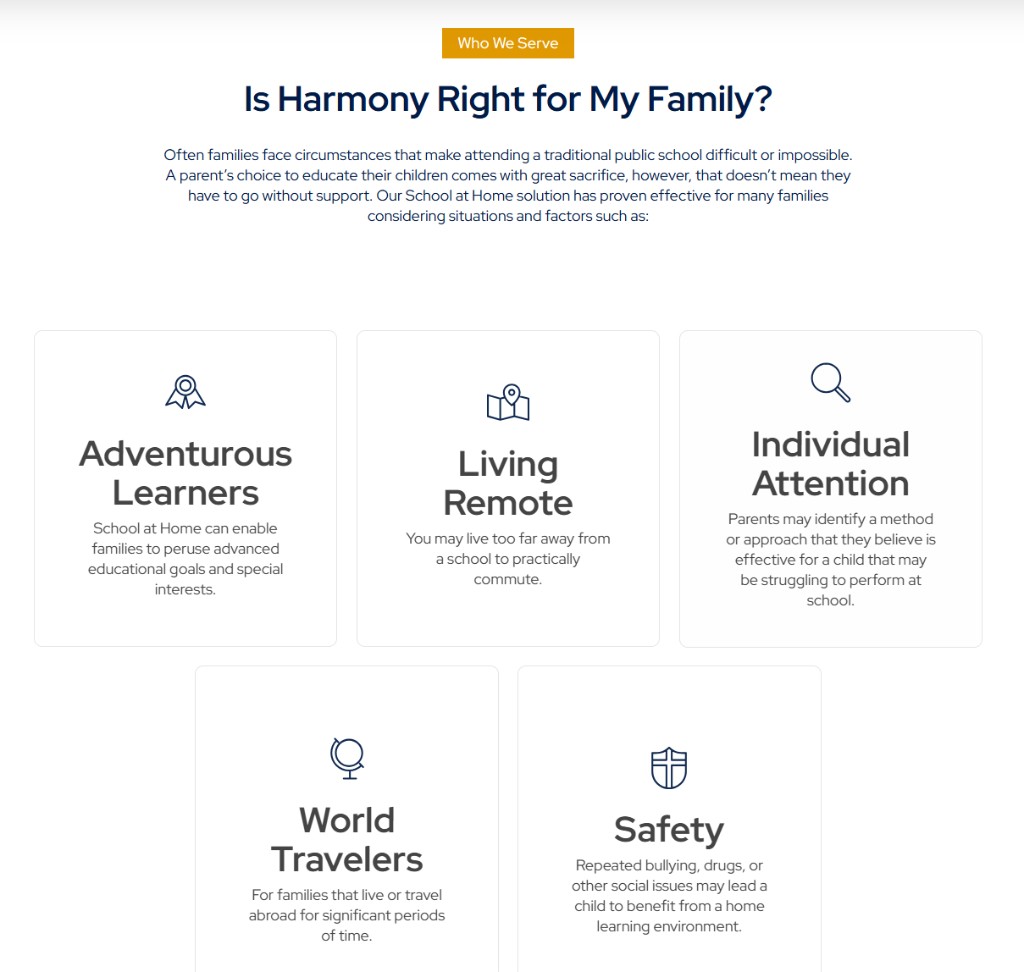 Harmony Who We Serve section with Is Harmony Right for My Family heading and audience profile cards