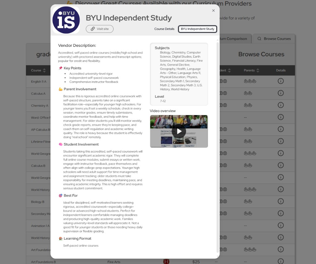 Harmony vendor details modal for BYU Independent Study with overview, subjects, and video